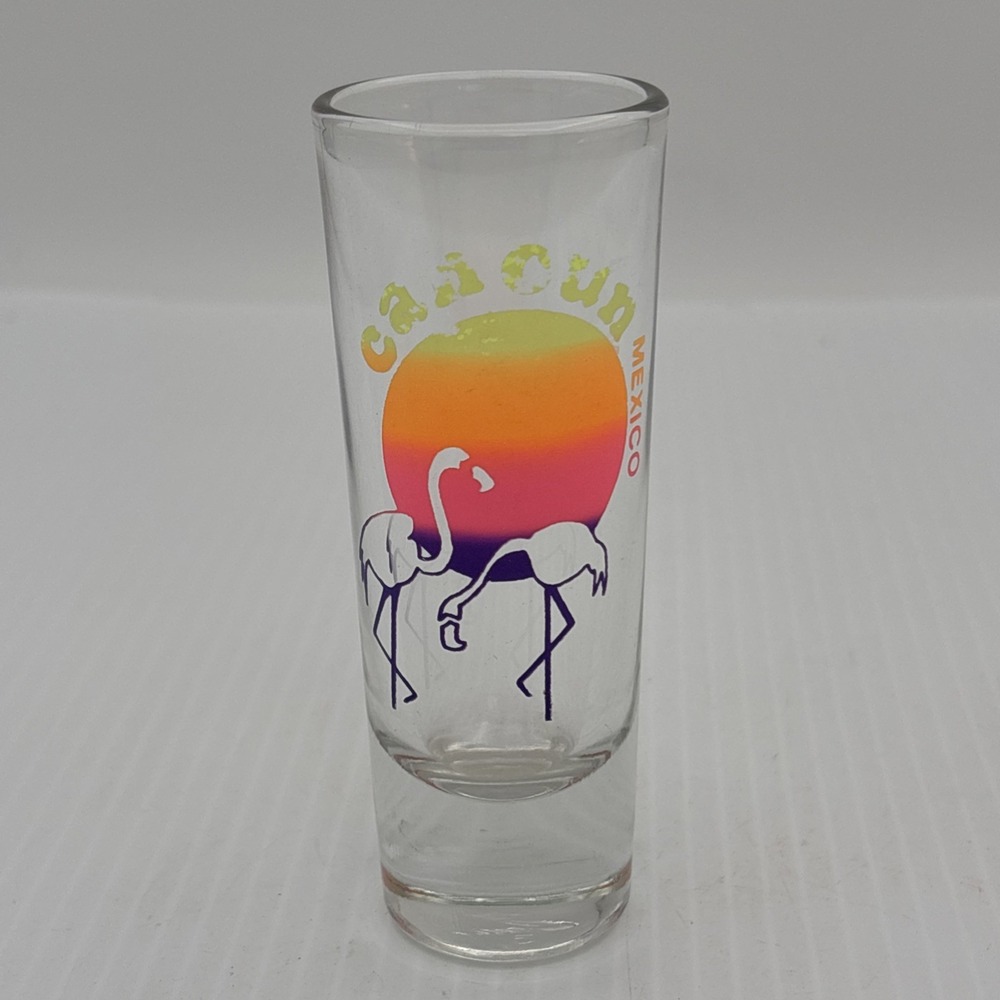 Cancun Mexico Shot Glass Tall Shooter 3 oz Vintage Flamingo Sunset Barware 4 in